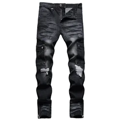 2023 New Spring Fall Men Pants Pocket Wash Jeans neri Denim maschile vita media Fahsion Cargo Holes Jeans da barba Slim a gamba dritta