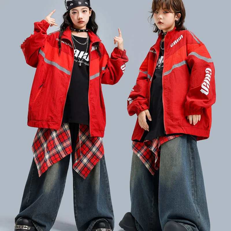 Hip Hop Boys Contrast Shirt Jeans Pants Girls K-pop Jazz Jacket Children Streetwear Costume Kids Street Dance Clothes Set