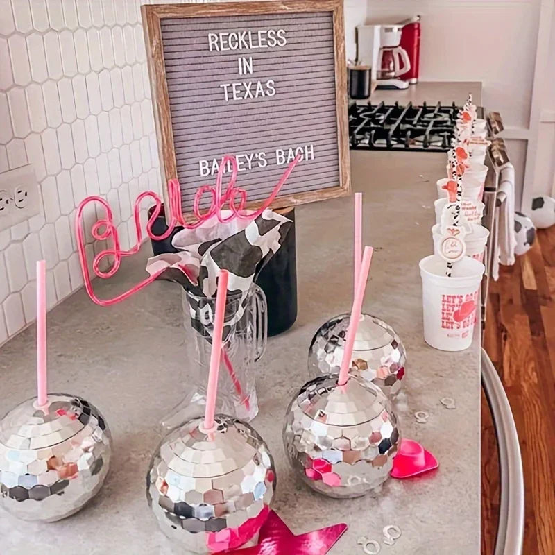Creative Disco Ball Cups Flash Cocktail Cup with Straw Reflection Color Mirror Ball Straw Wine Glass Disco Ball Water Bottles
