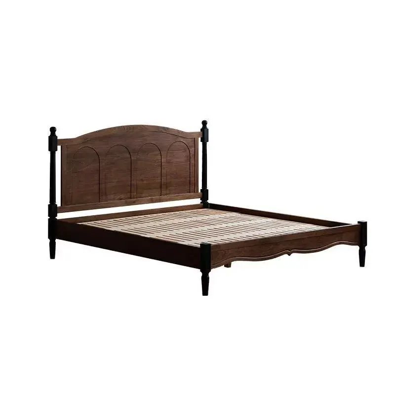 Łóżko dwuosobowe francuskie z litego drewna, styl retro amerykański, średniowieczne, do sypialni głównej, rozmiar queen, z możliwością personalizacji.