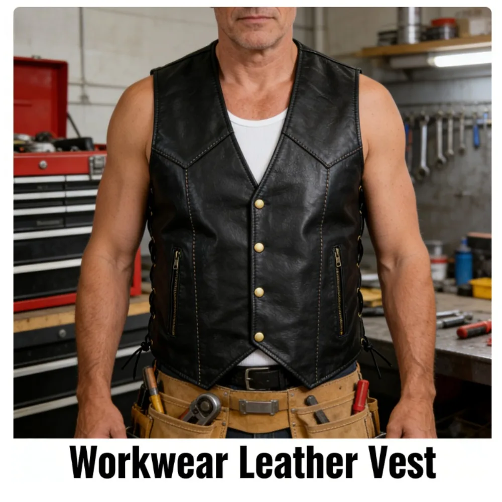 

Mens Leather Vest V Neck Single Button Side Zipper Tie Waist Short Sleeveless Top