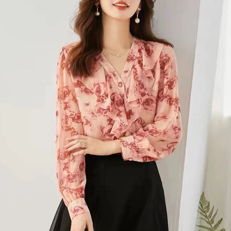 Women Stylish Floral Print Ruffles Chiffon Blouses Office Lady Elegant Chic Commute Shirts Casual V Neck Long Sleeve Loose Tops