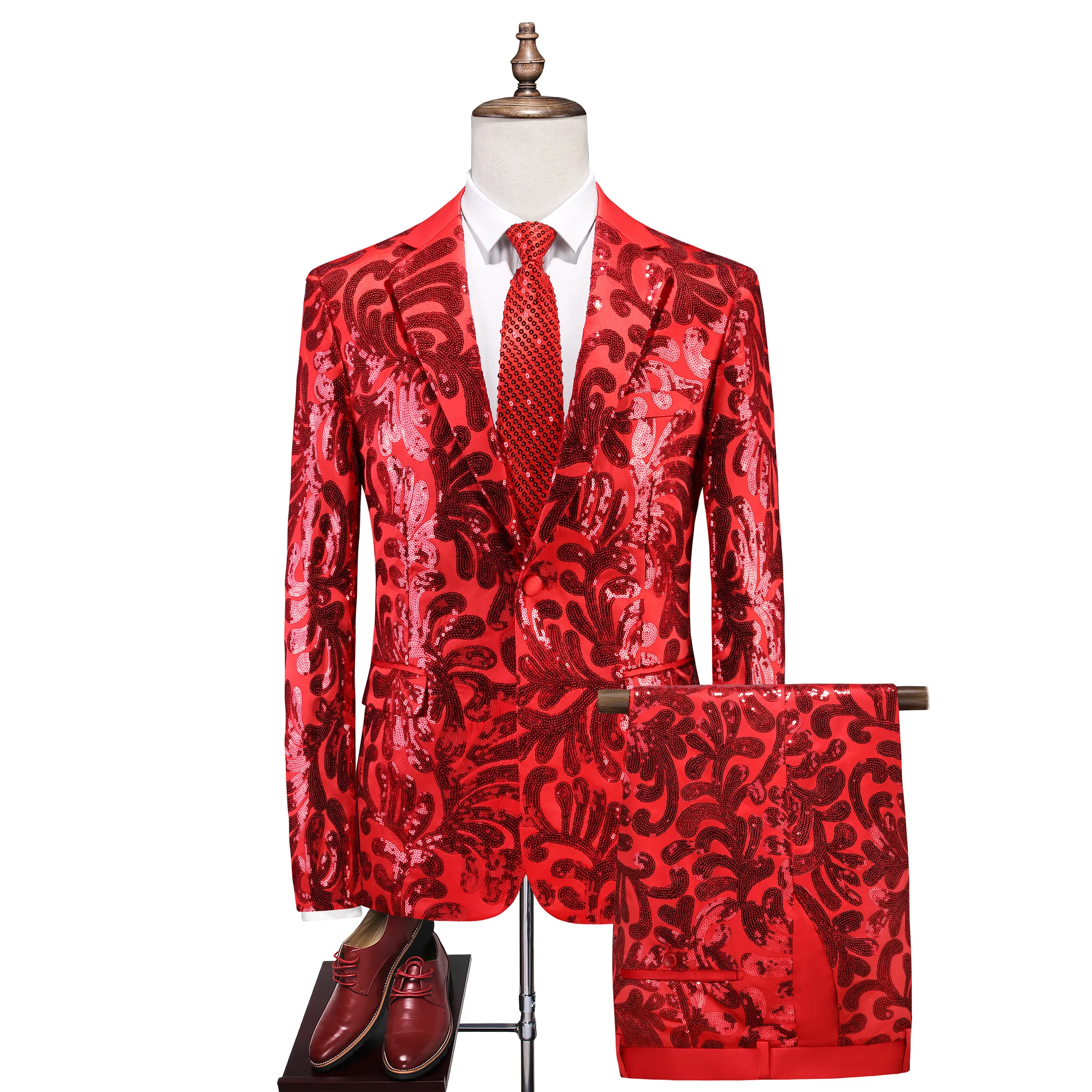 EUR Size ( Jacket + Pants ) Men's Red Sequin 2 Piece Suit Set, Floral Pattern Blazer & Pants for Party, Stage Performance, Prom