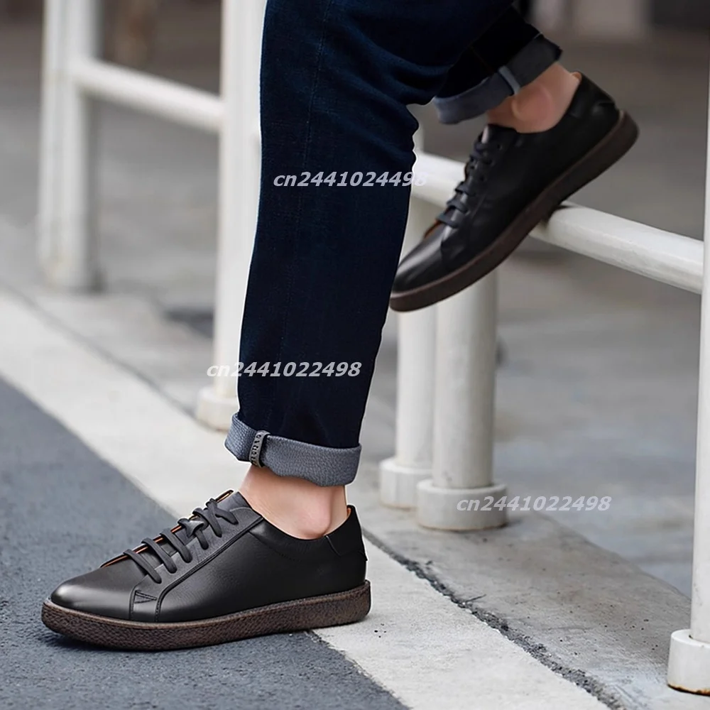 Men's Retro Hand Finished Leather Casual Sneakers Low Top Lace Up Faux Leather Shoes, Textured Thick Rubber Sole Daily Footwear