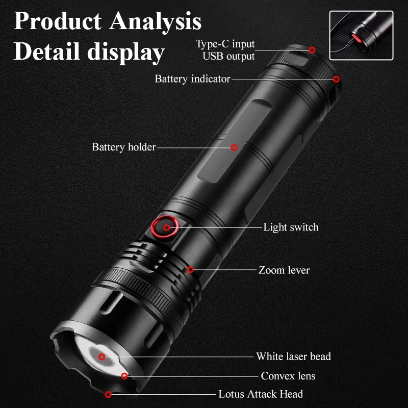 12000mAh Powerful Spotlight Long Range LED Flashlight Strong Light Lamp Tactical Torch Lantern Type-C Charging Camping Lights