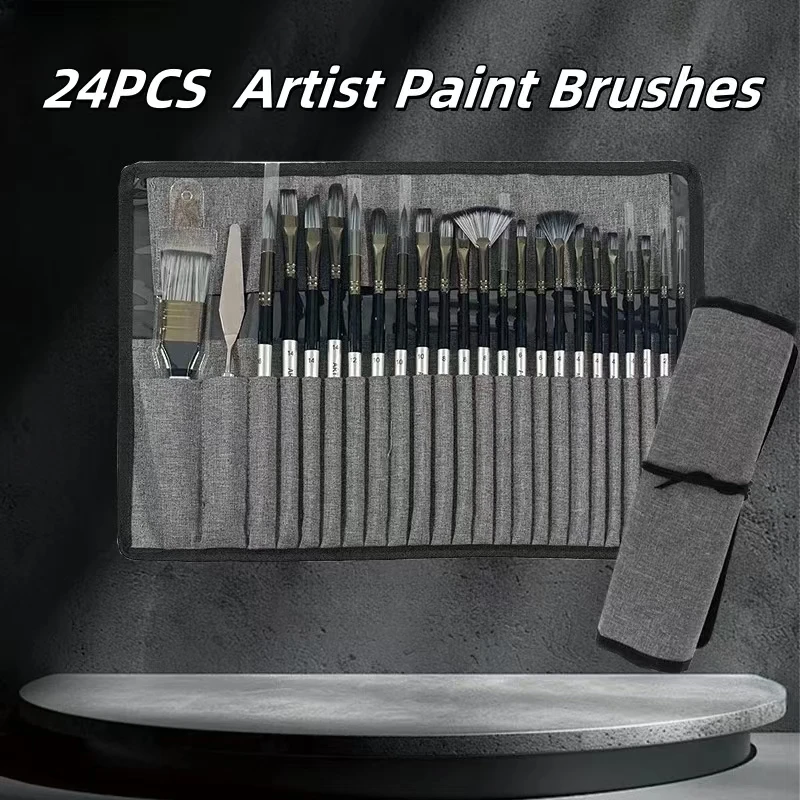 

Kit 24 pieces Paint Brush Set for Watercolor Acrylic Gouache Oil Painting Nylon Hair Aluminum Tube