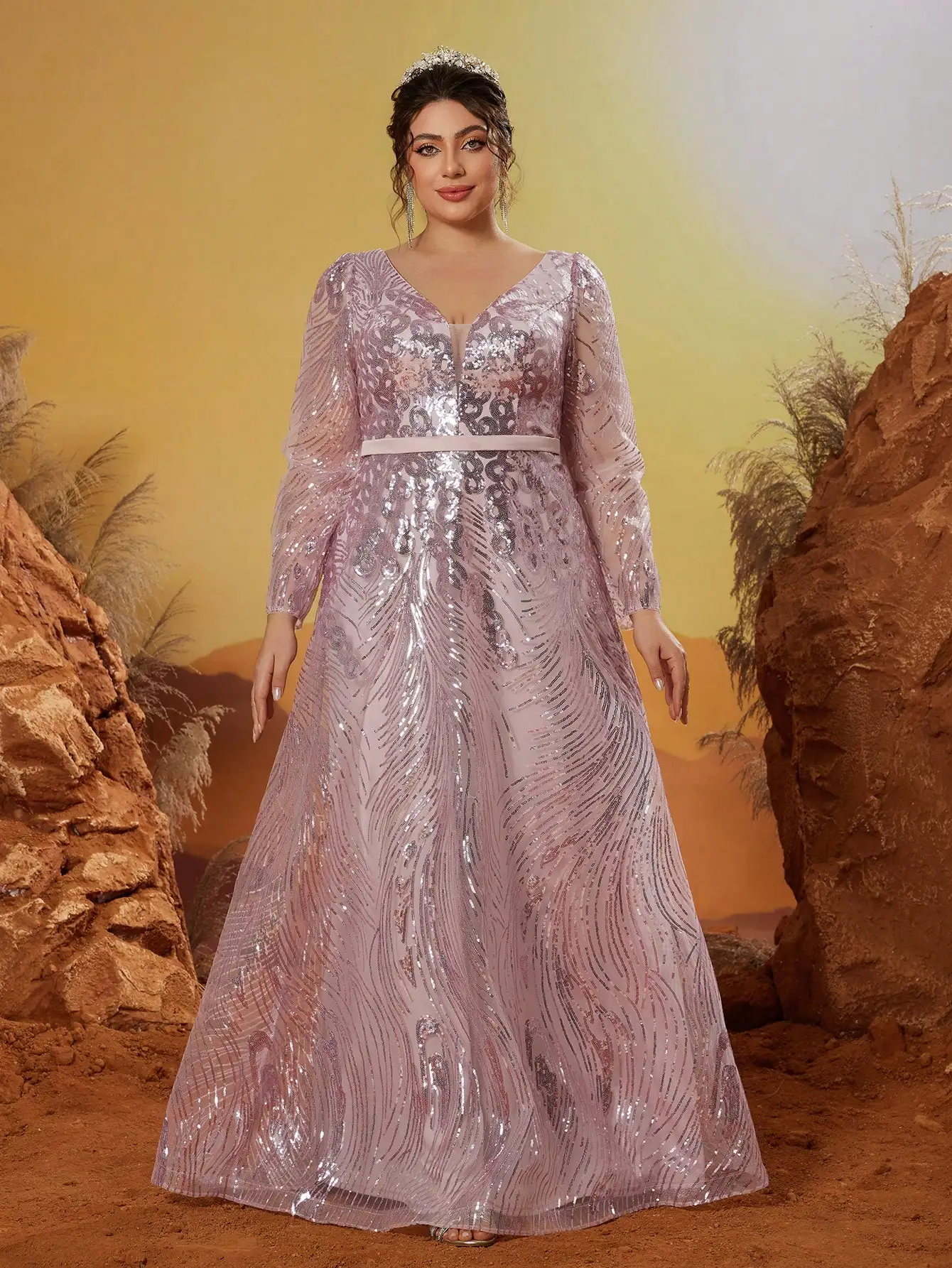 Mgiacy وصول جديد الخامس الرقبة نوبل حجم كبير ثوب السهرة فستان حزام الترتر فستان طويل #5