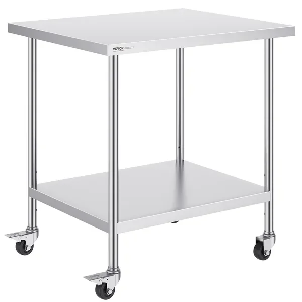 'Stainless Steel Work Table 30x36x38 Inch, 4 Wheels, 3 Adjustable Heights, Heavy Duty, Silver'