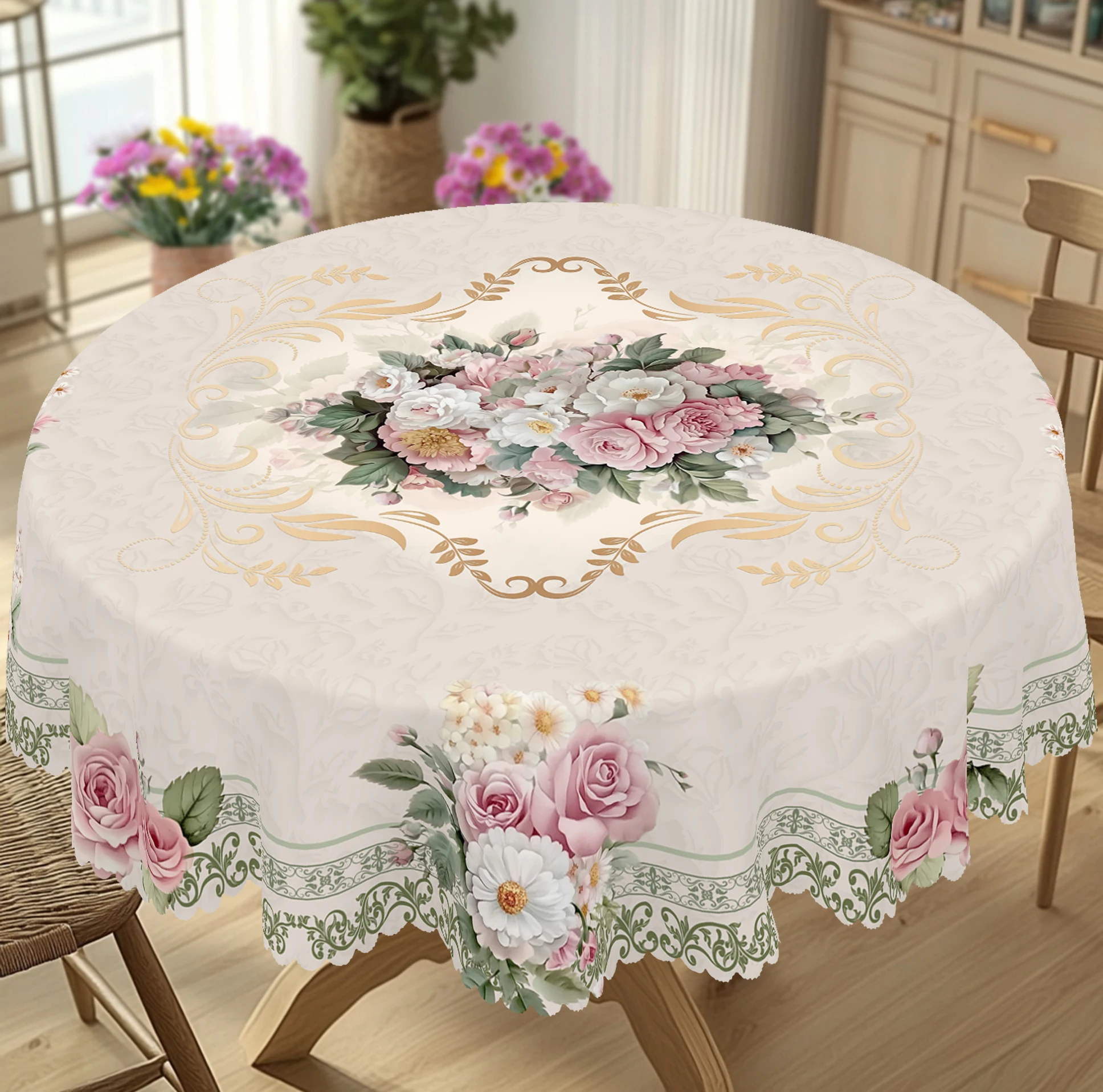 1 Piece of Retro Beige Rose Daisy Pattern Tablecloth, Elegant and Romantic French Style Floral Print Round, Rectangular Tablecloth, Suitable for Home Kitchen, Dining Table, Garden, Courtyard Indoor and Outdoor Decorative Tablecloth, Suitable for Valentine's Day, Mother's Day, Wedding, Birthday, Anniversary, Thanksgiving, Christmas, Multiple Sizes to Choose From, Durable Polyester, Machine Embossed Edges