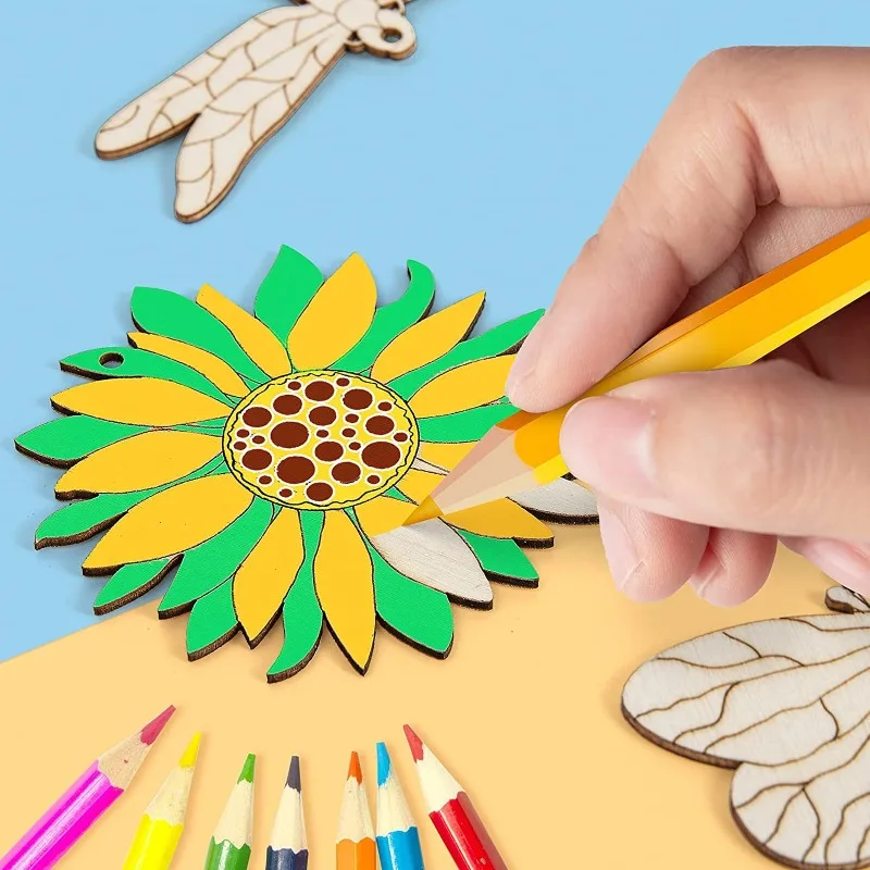 木製 DIY 手作りペンダント 漫画の花 虫 木製ペンダント 手描き 塗装済み 子供用 DIY 塗装済み素材