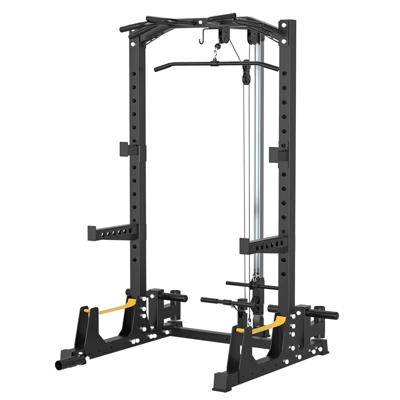 Free-Standing Steel Power Cage Squat Rack with Lat Pulldown & Safety Straps