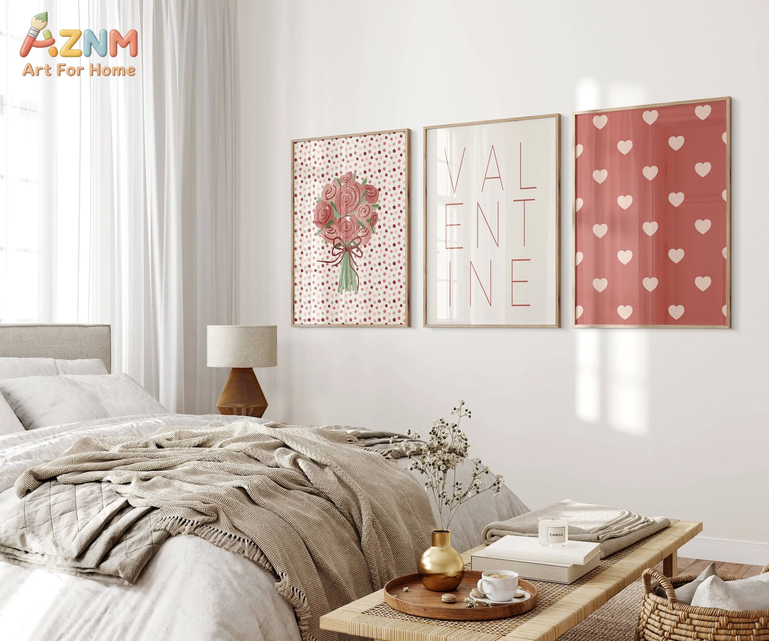 AZNM Vintage Valentine Canvas Wall Art Pink Rose Heart Cupid Be Mine Ticket Print Romantic Home Wall Decor Unframed