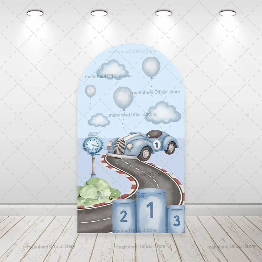 Mehofond Custom 2-Sided Blue Race Car Racing Fast One Boy Birthday Party Baby Shower Cover Chiara Arch Background Decor Backdrop