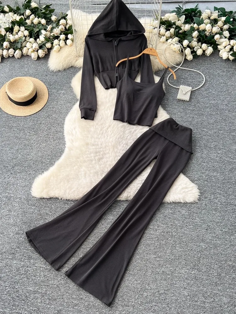 

Hot Girl Casual Wear Tee-Piece Set Women's Strap Vest ort Hoodie High Waist Butt Covering Bell Bot Faionable Outfit