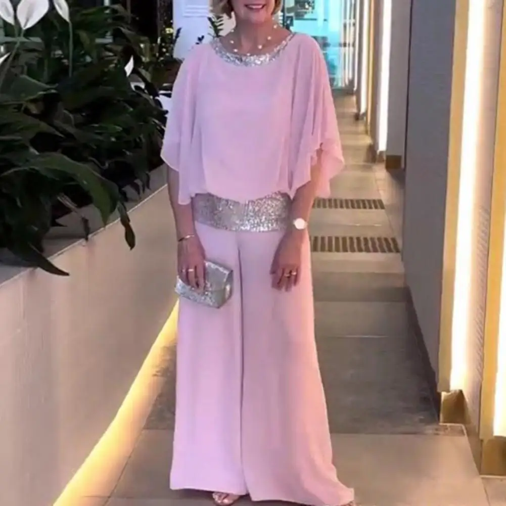 Conjunto de roupas femininas Glitter Patchwork Chiffon, tops casuais com o pescoço, manga Batwing, calças de perna larga, 2 peças