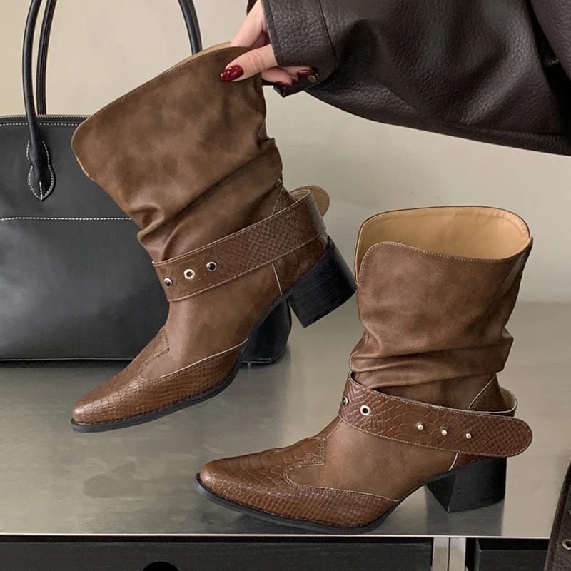 Eilyken Punk Style Rivet Snake Pattern Woman Ankle Boots Fashion Buckle Strap Pointed Toe Square Heels Shoes Zapatos Mujer