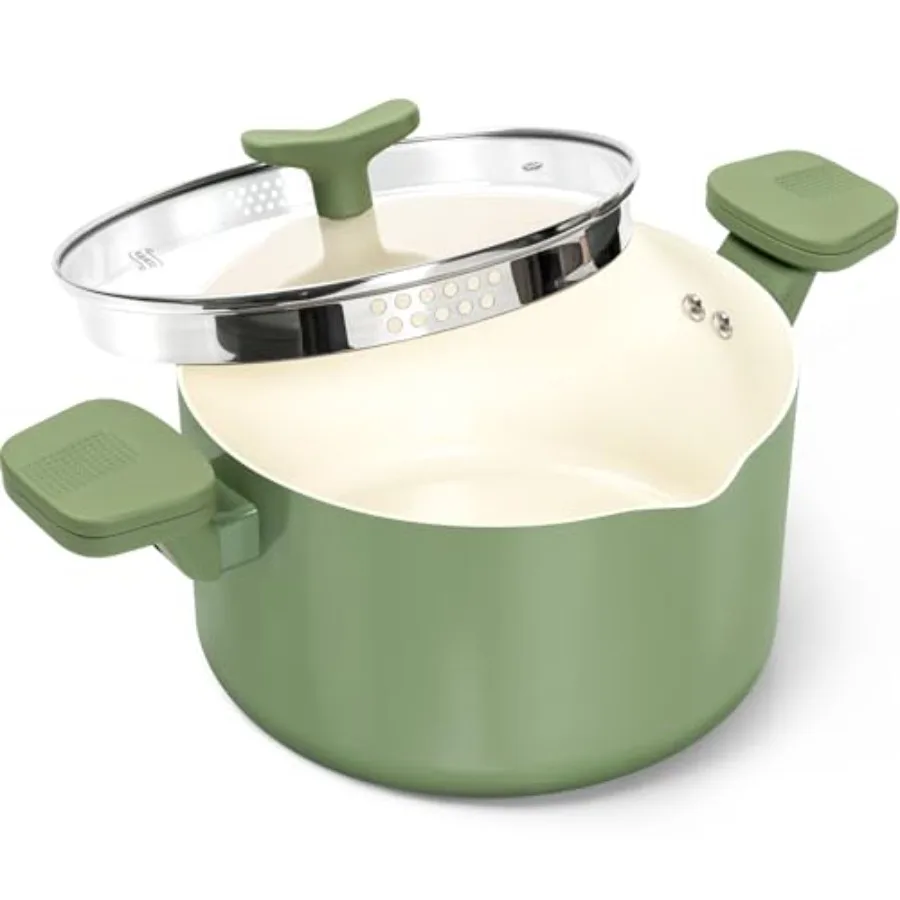Olla para Pasta de 6 Cuartos con Tapa Coladora, Revestimiento Cerámico Antiadherente, Asas Verdes Roden con Sistema de Giro y Bloqueo para un Fácil Drenaje, Compatible con Inducción