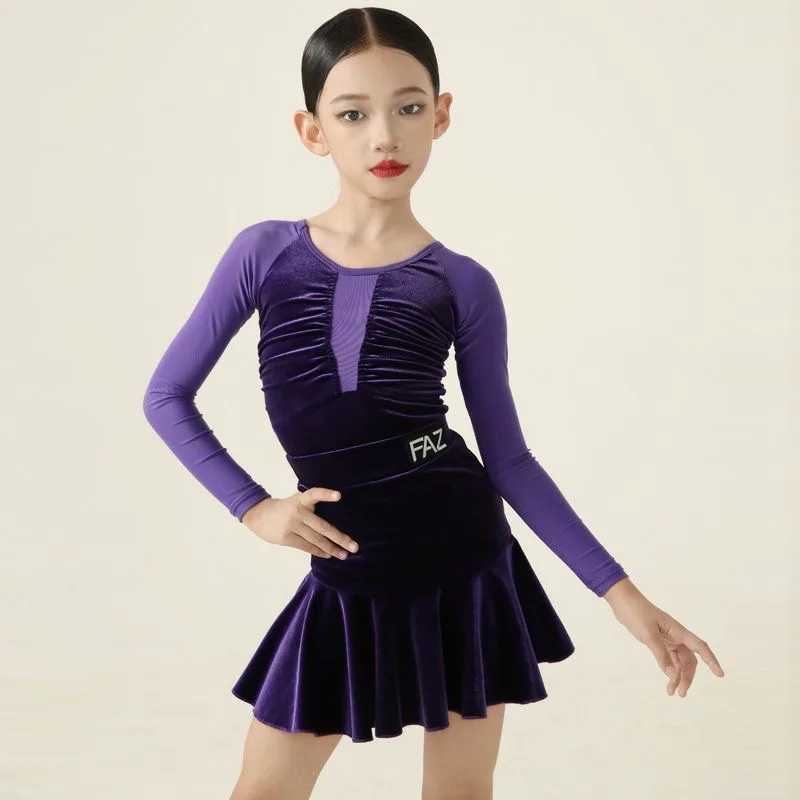 latin dance suits woman Girl outfits purple long sleeve latin dress for girl artistic skating dresses woman latin body suit 2024