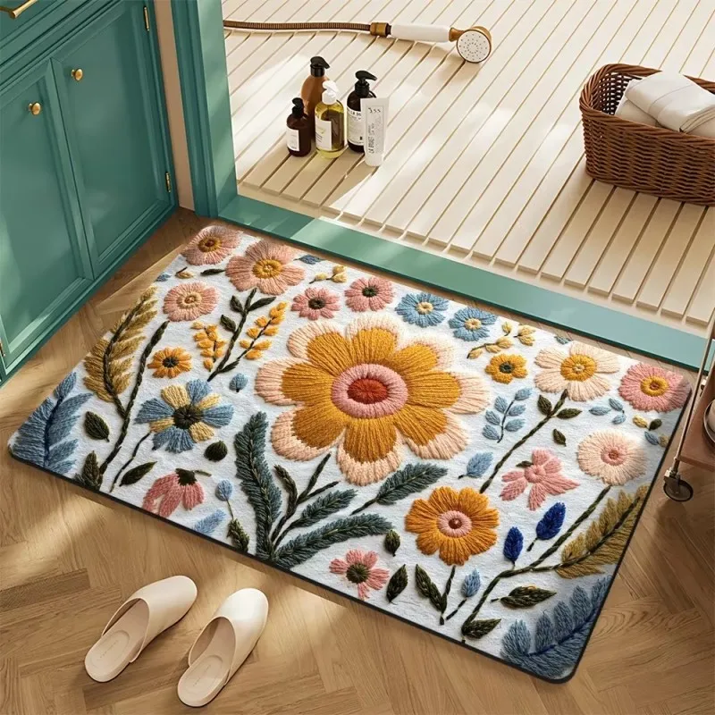 VIKAMA Hand Drawn Floral Mat, for Kids Room Bedroom Lounge, Washable & Machine Washable, Home Living Room, Home Decor