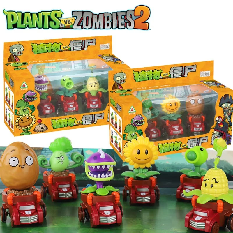 3PCS Plants Vs Zombies 2 Bonk Choy Sunflower Toy Pull Back Car Model Genuine Licensed Game Character Toy Action Figures Boy Gift