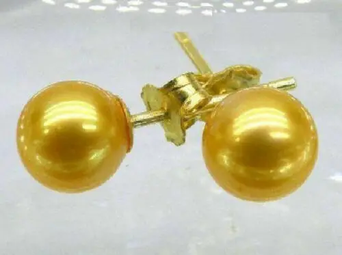 Luxury AAA 9-10mm Round Gold Yellow Pearl Earrings 14K Gold