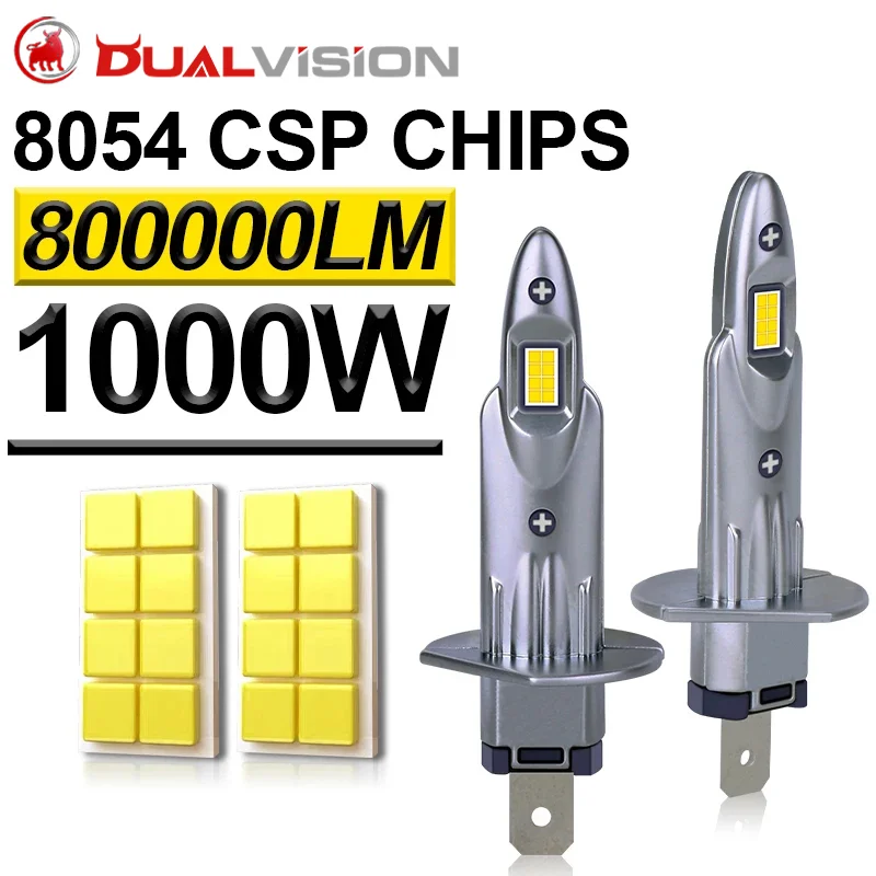 Dualvision H1 LED 2PCS Lamps 800000LM 1000W High Power 6500K White 1: 1 STG PTF Led H1 Mini Diode 16PCS 8054 CSP Chips 12V 24V