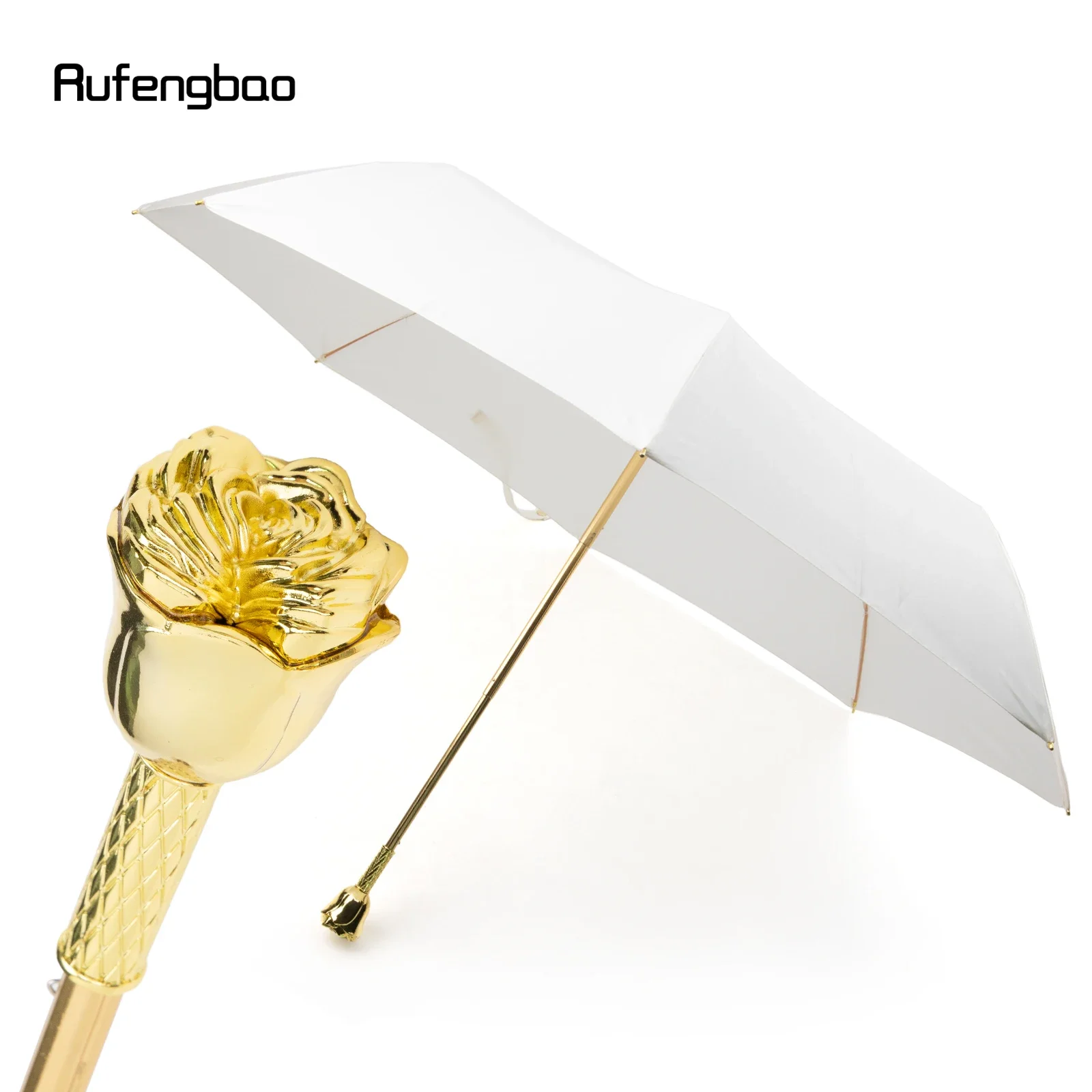 Golden Flower Handle Women's Men's Umbrella, Automatic Umbrella, Folding UV Protection Sunny and Rainy Days Windproof Umbrella