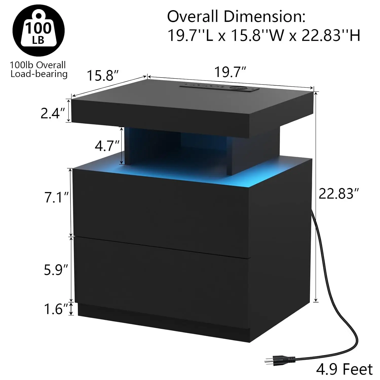 Black Nightstand Wireless Charging 2 Outlets USB Type C LED Bedside Table 2 Drawers High Gloss Bedroom, Customized
