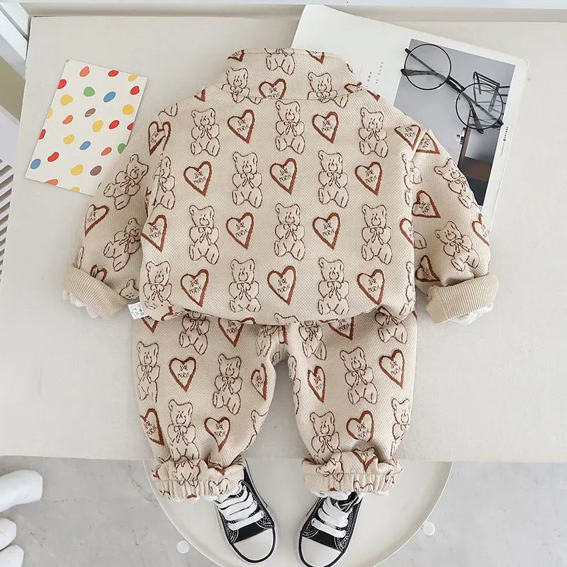 Toddler Kids 2Pcs Bear Heart Print Tracksuit Stand Collar Zip Up Jacket Elastic Cuffed Jogger Pants Spring Casual Outfit Set