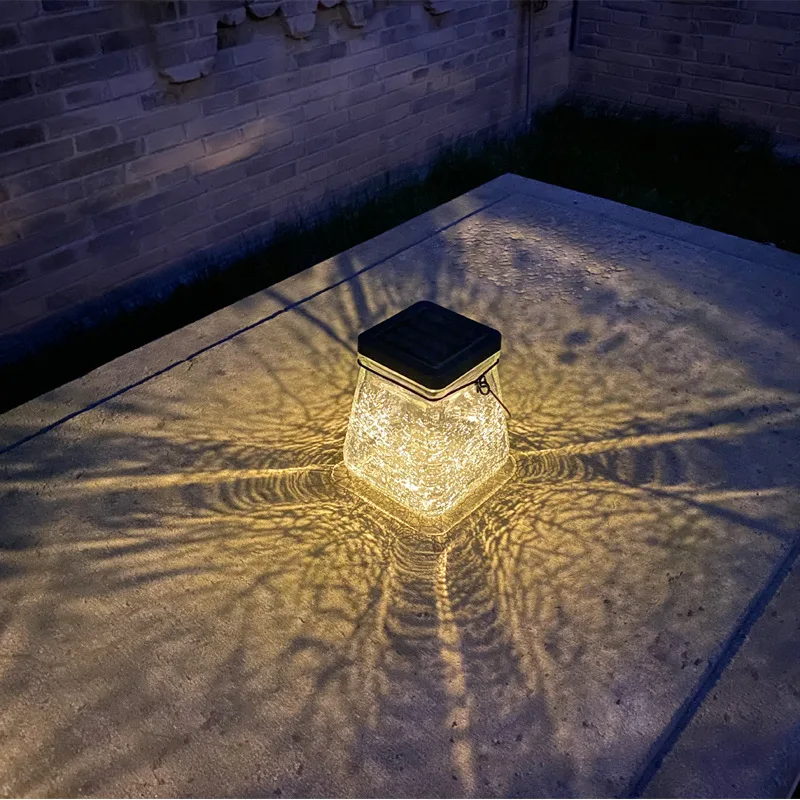 Creative New LED Solar Square Glass Crack Hanging Lamp for Outdoor Courtyard Garden Decoration Atmosphere Lighting