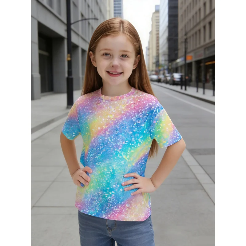 2026New Summer Colorful Tie-Dye Short-Sleeve Shirt for ChildrenTShirt Girls' Loose Casual Versatile Top
