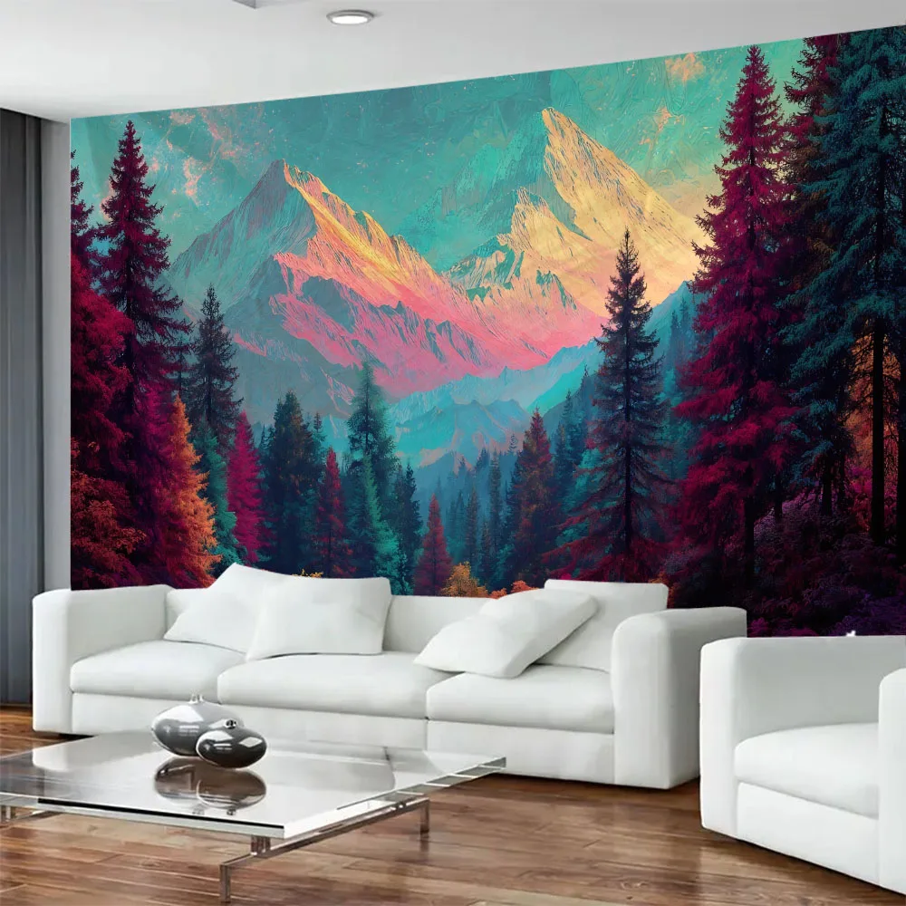 Colorful Forest Mountain Range Starry Sky Wall Hanging Cloth for Living Room Bedroom Study Decorative Feature Wall Art