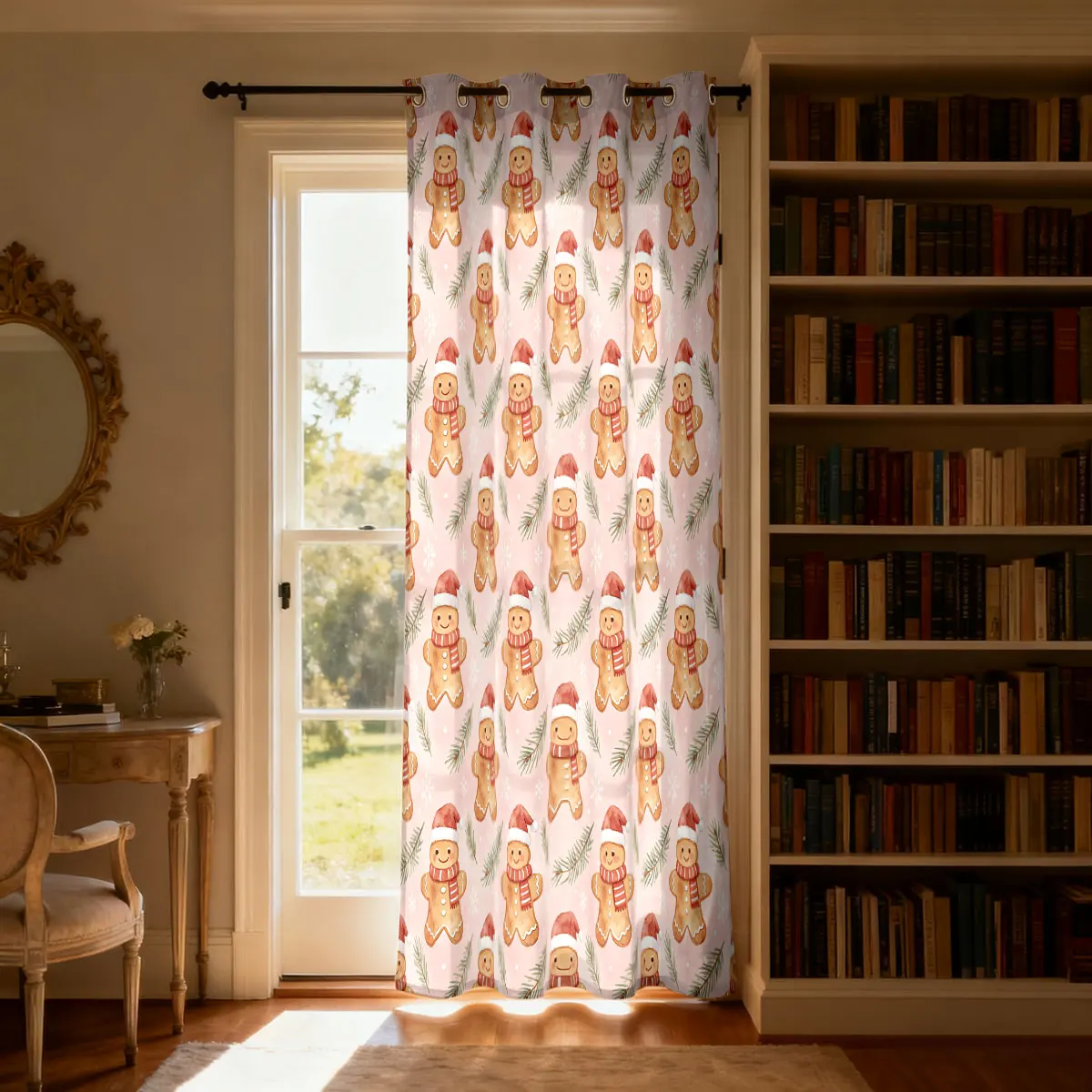 Christmas Gingerbread Man Fir Branch Loop Curtain Light Shading Privacy Curtain Perforated Hanging for Door Bedroom Bathroom
