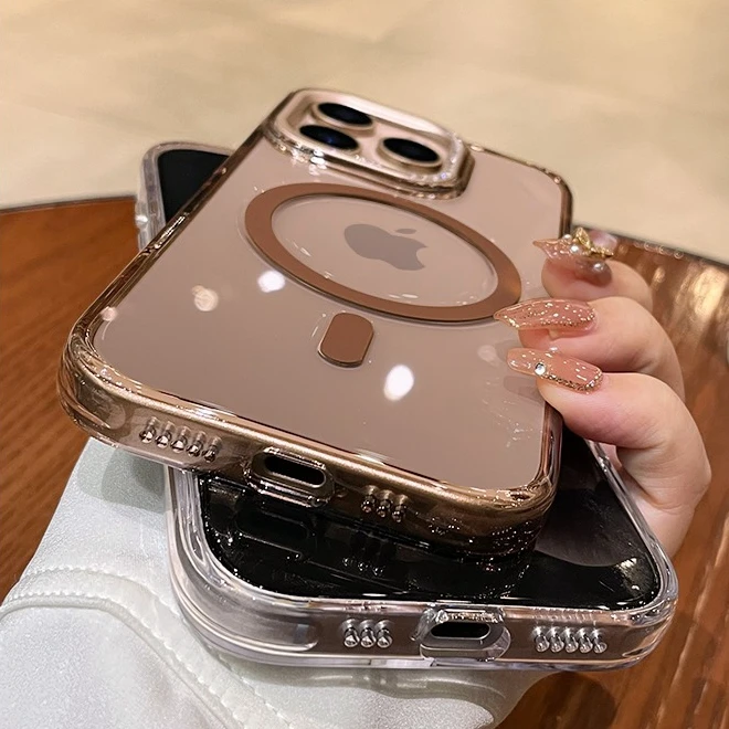 حافظة لهاتف آيفون 16 برو ماكس ذهبية شفافة Magsafe لهاتف آيفون 16 بلس 15 برو ماكس بلينغ الماس حماية العدسة غطاء مقاوم للصدمات