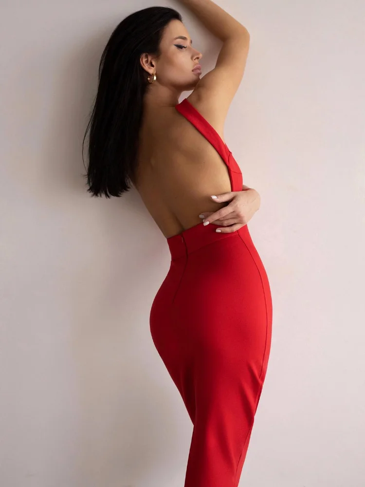 Red Elegant Bandage Dress Women Sexy Backless Bodycon Party Dress 2023 Summer Midi Evening Formal Celebrity Dresses Sleeveless