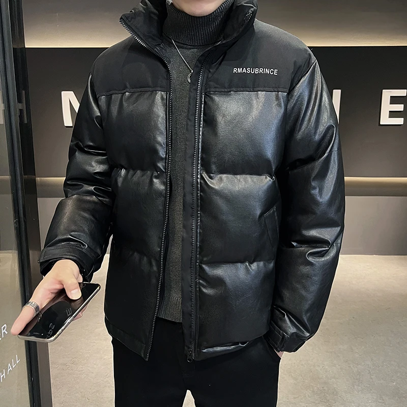

Men's Winter Thickened Fleece Lined PU Leather down Cotton Jacket Stand Collar American Style Trendy Brand High End Feeling Coat