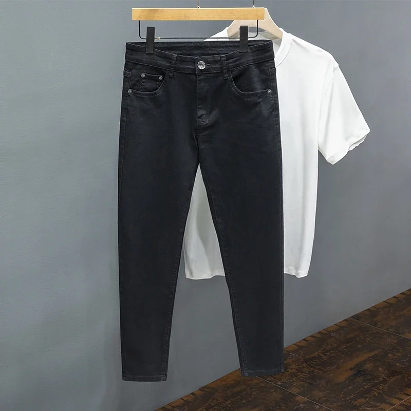 

Классические мужские чистые черные джинсы, весна-лето, тонкие тонкие джинсовые брюки до щиколотки, эластичные прямые роскошные простые повседневные брюки
