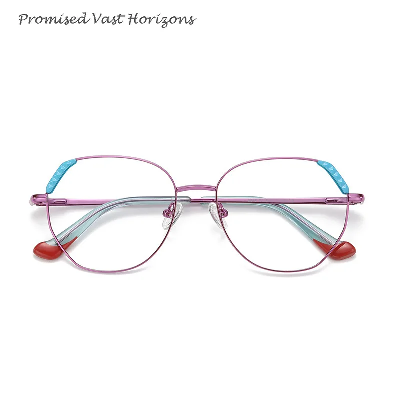 Occhiali da donna alla moda con blocchi di colore in metallo, superficie decorativa in plastica, stile europeo americano, lenti Plano, occhiali con blocco della luce blu