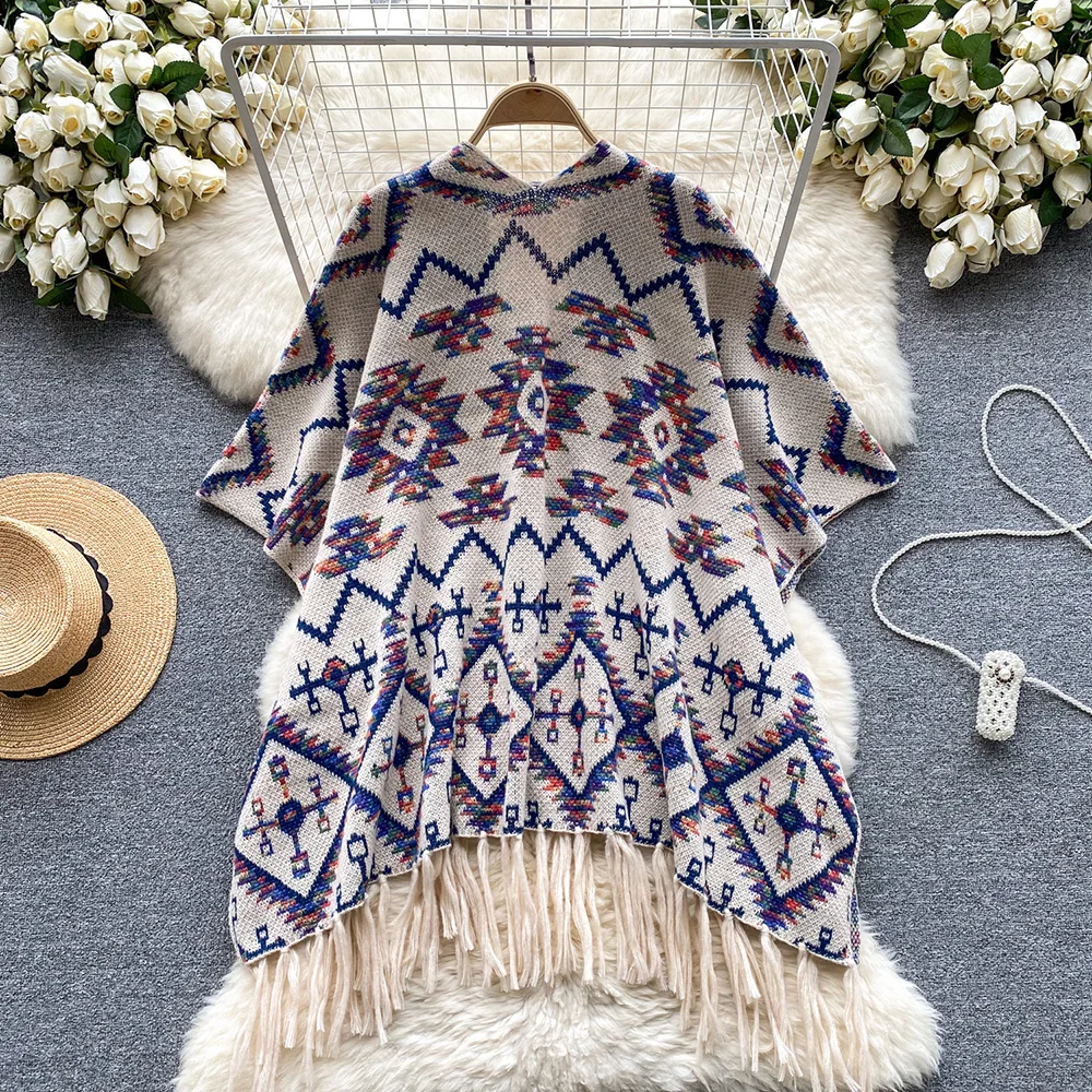 Croysier Shawl Cardigans For Women 2023 Bohemian Ethnic Vintage Jacquard Knit Cardigan Fringed Hem Loose Long Cape Sweater Coat