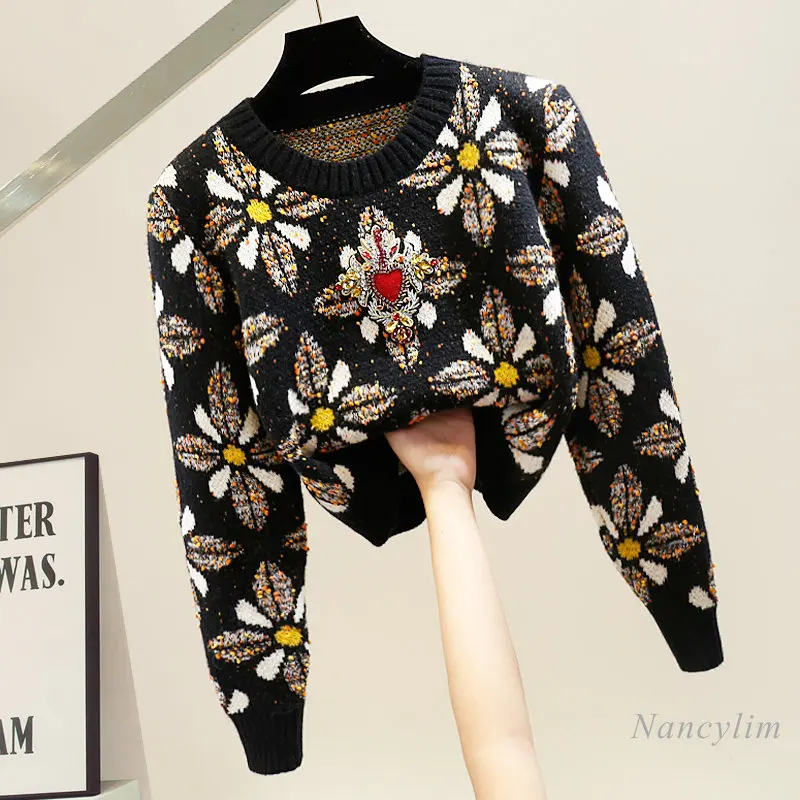 Manual Beaded Diamond Color Jacquard Pullover Short Sweater for Women Long-Sleeved Sweaters Temperament High Waist Knitwear 2023