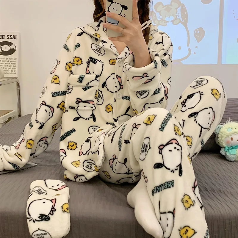 Cartoon Kuromi Women\'s Flannel Pajamas Velvet Thicken Autumn Winter Cute My Melody Cinnamoroll Korean Casual Home Clothes Warmth