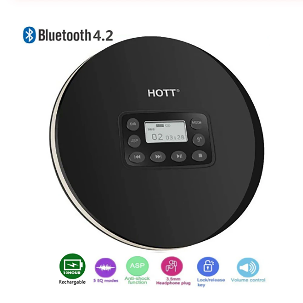

Портативный CD-проигрыватель с Bluetooth, CD-проигрыватель, высокое качество звука с наушниками, противоударная функция, светодиодный дисплей, воспроизведение музыки