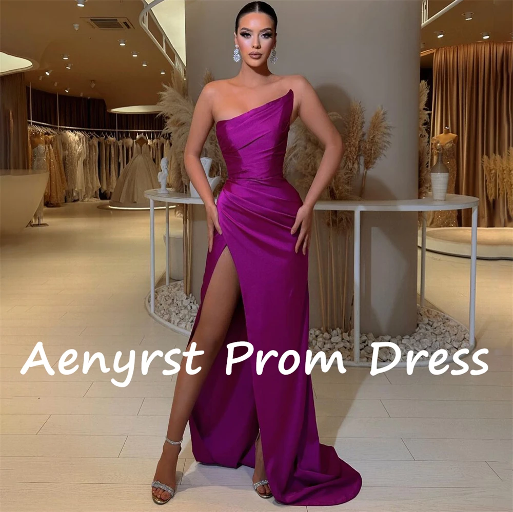 Aenyrst Sexy Strapless Saudi Arabia Prom Dresses Satin Mermaid Side Split Bodycon Codktail Gowns Floor Length Dinner Party Dress