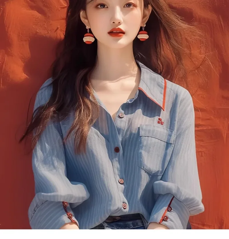 

Chiffon Vintage Women's Shirt Summer New 2024 Stripe Korean Clothing Sales Loose Tops Turn-down Collar Elegant Women Blouses