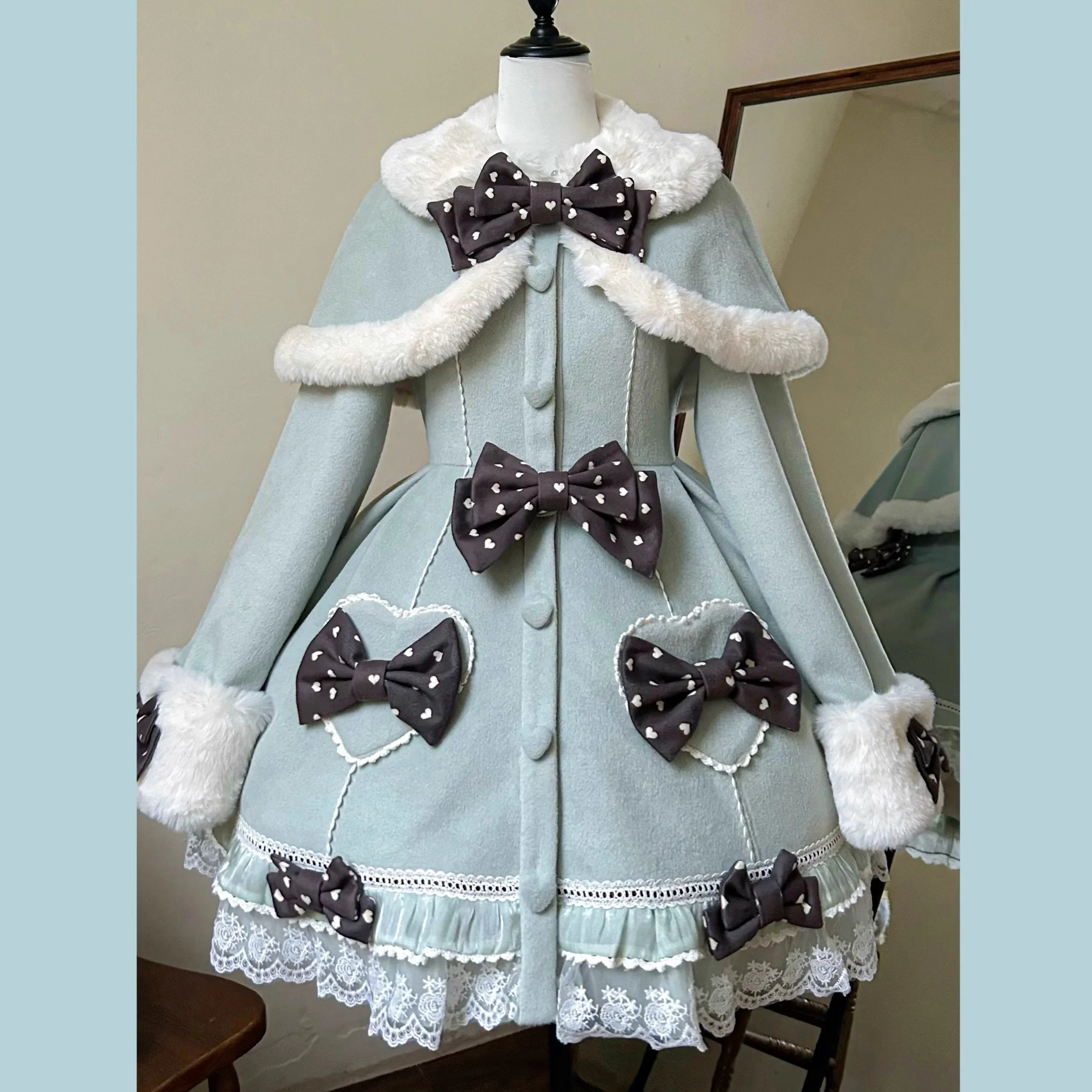 Japanese Style Sweet Cute Bow Plush Cape Collar Single-breasted A-line Slim Fit Thickened Warm Long Woolen Coats Women Winter