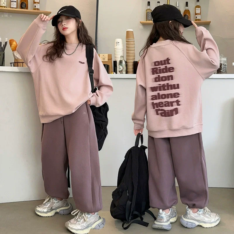 2026 Spring Autumn Girls Alphabet Contrast Workout Sweatshirt+Sweatpant Sets School Kids 2PCS Tracksuit Children Jogger Outfit