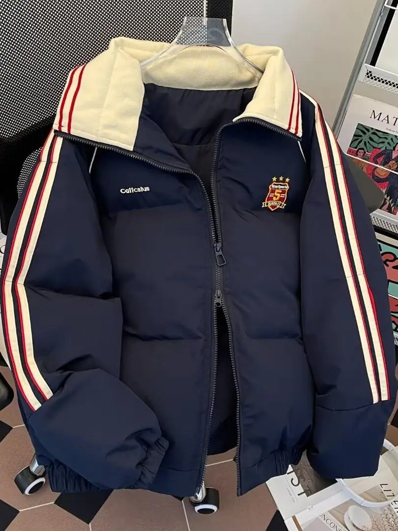 

Мужская зимняя утепленная куртка из хлопка с воротником из контрастной тесьмы в стиле ретро, утепленная, для пар...