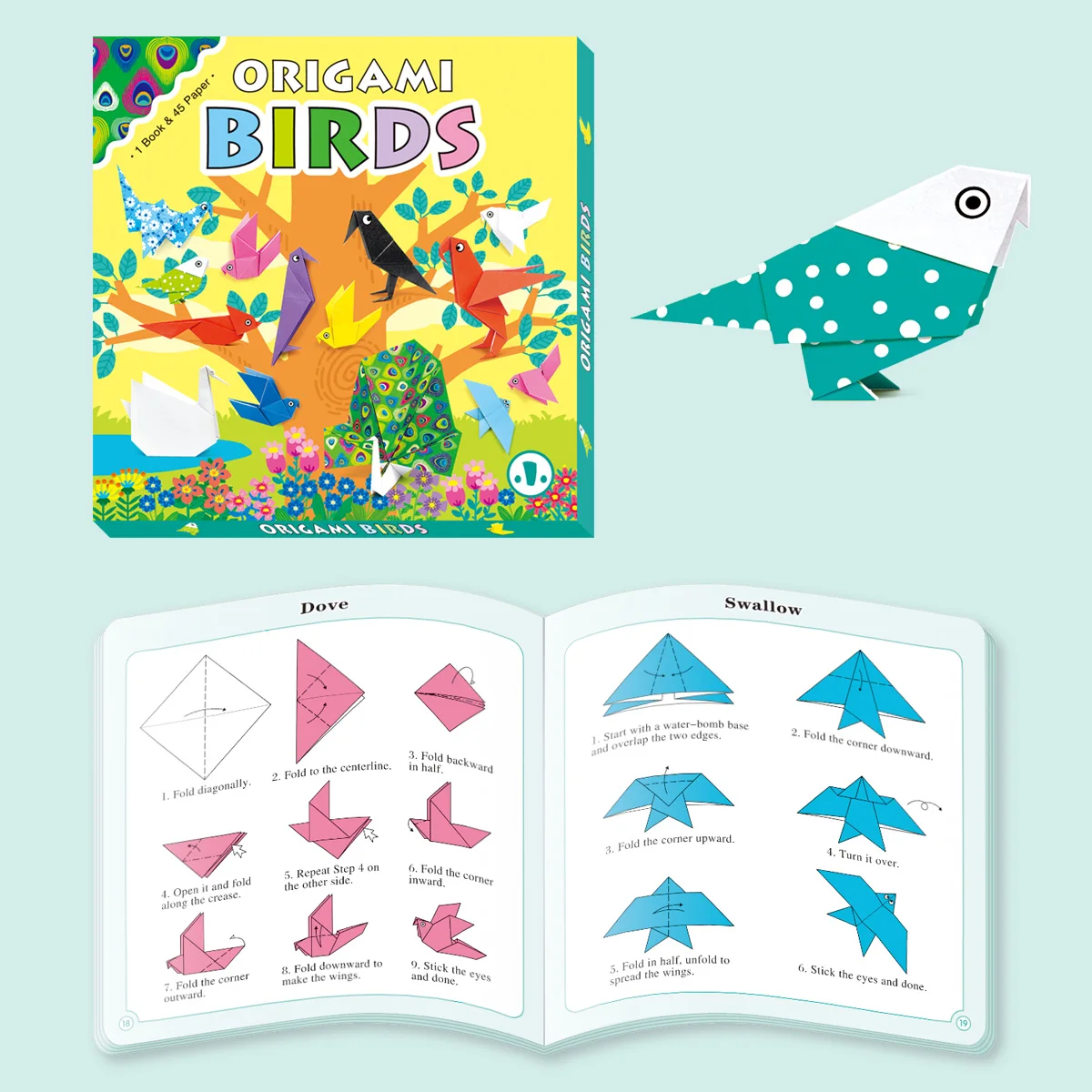 ชุดงานประดิษฐ์โอริกามิปี 2025: กระดาษสี 45 แผ่น + หนังสือสอนทำนกโอริกามิ - งานสร้างสรรค์ DIY สำหรับเด็ก
