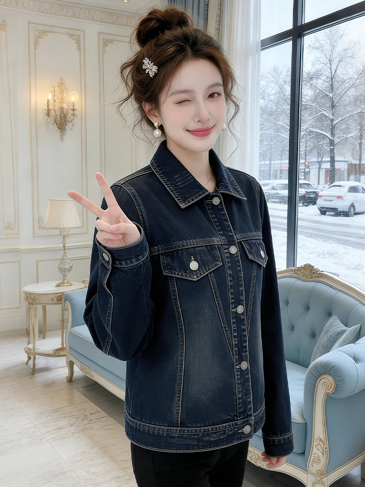 

Корейская джинсовая куртка в стиле оверсайз для женщин, модная, стройнящая, омолаживающая, весна 2026, винтажная, свободного кроя, женское верхнее пальто