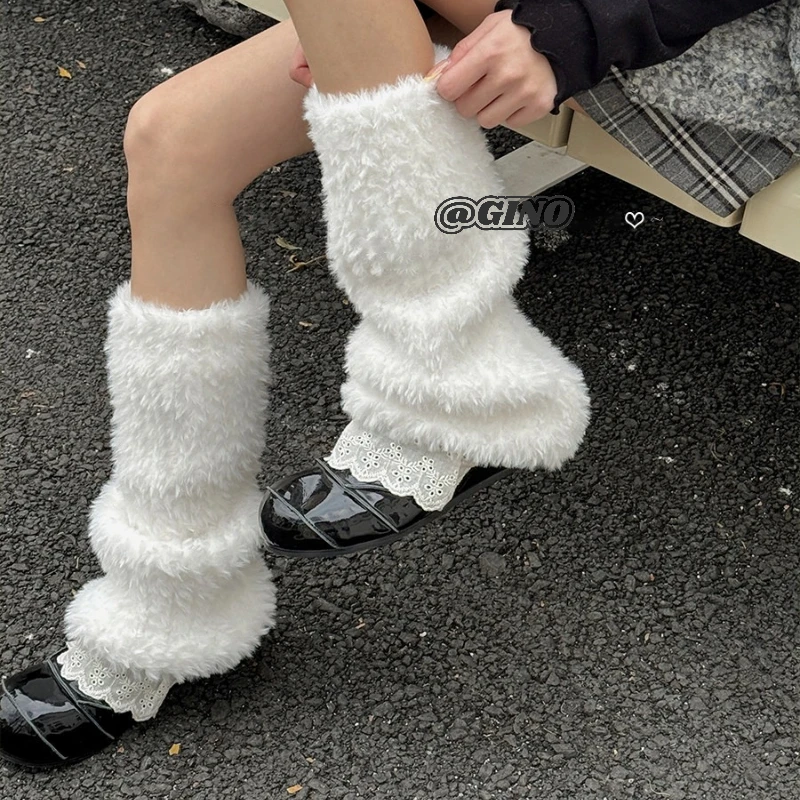 White Plush Cute Korean Socksleeve Knitted Warm Thickened Plush Spicy Girl Stacking Socksleeve Sweet Girl Trend Leggings